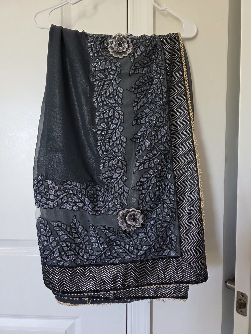 Black Embroidered Floral Saree with Silver Accents